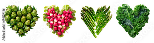Set of four heart shapes made of artichokes, radish, asparagus and kale over white transparent background
