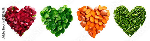 Four heart shapes made of slices of beetroots, baby spinach, slices of sweets potatoes and green beans over isolated transparent background