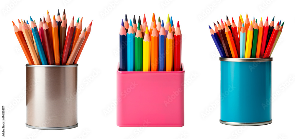 Three colorful pencils in metal pencil boxes on isolated transparent and white background
