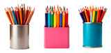 Three colorful pencils in metal pencil boxes on isolated transparent and white background