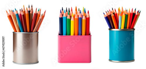 Three colorful pencils in metal pencil boxes on isolated transparent and white background © Pajaros Volando