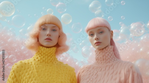 Two pink hair woman with bubbles in the background