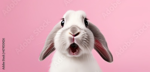 a portrait of a mini lop rabbit with a surprised expression, looking into the camera isolated a pink background. 