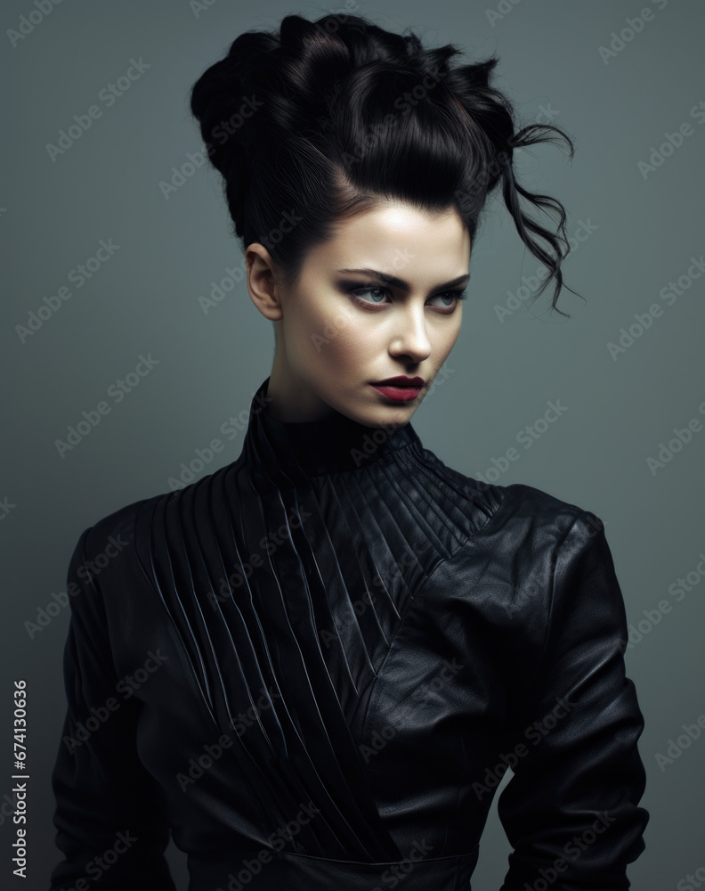 A brunette woman with a high hairstyle in black shiny clothes, stylized as vintage dresses. Fashion and beauty.