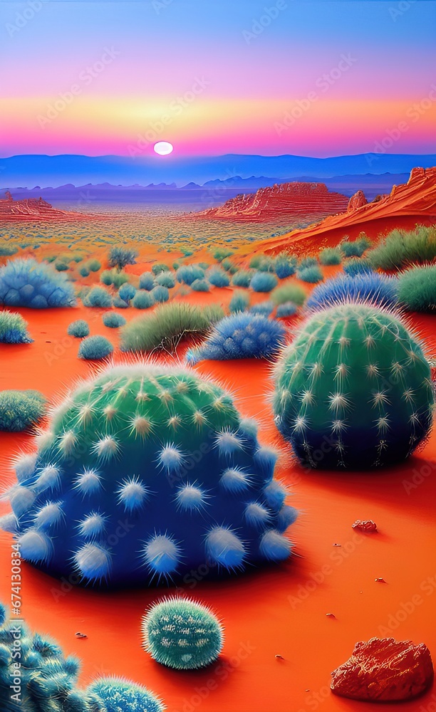 Orange desert landscape with blue cacti. .ai