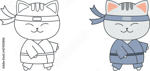 Funny cute drawn cat ninja in kimono for Japanese restaurant, coloring book for kids. Cartoon vector illustration EPS10