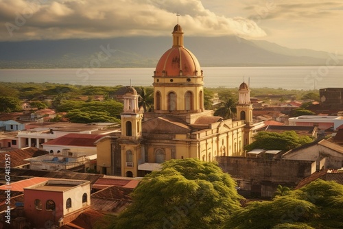 Stunning cityscape of Granada, Nicaragua featuring Iglesia de la Merced church's iconic bell tower. Generative AI