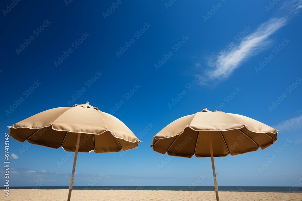 Two beach umbrellas under a sunny blue sky. Generative AI