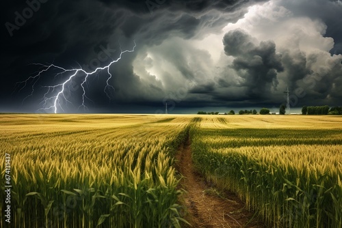 Summer cornfield with grain elevator and storm clouds. Agriculture and weather. Generative AI