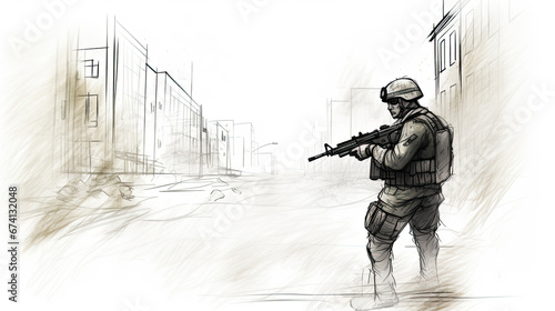 military combat soldier silhouette with rifle modern warfare warzone sketch - by generative ai photo