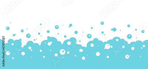 Cartoon soap bubble blue background, bath foam frame, shower water pattern, laundry transparent suds. Abstract wash vector illustration
