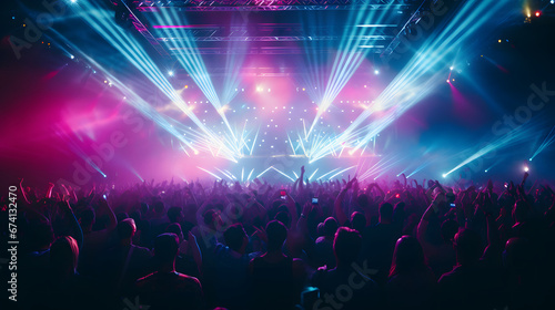 Concert crowd in front of bright stage lights - 3D rendering