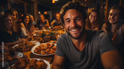 Group of friends having dinner together at home. Cheerful men and women taking selfie on mobile phone. Photo of big family sit feast dishes table around roasted turkey.
