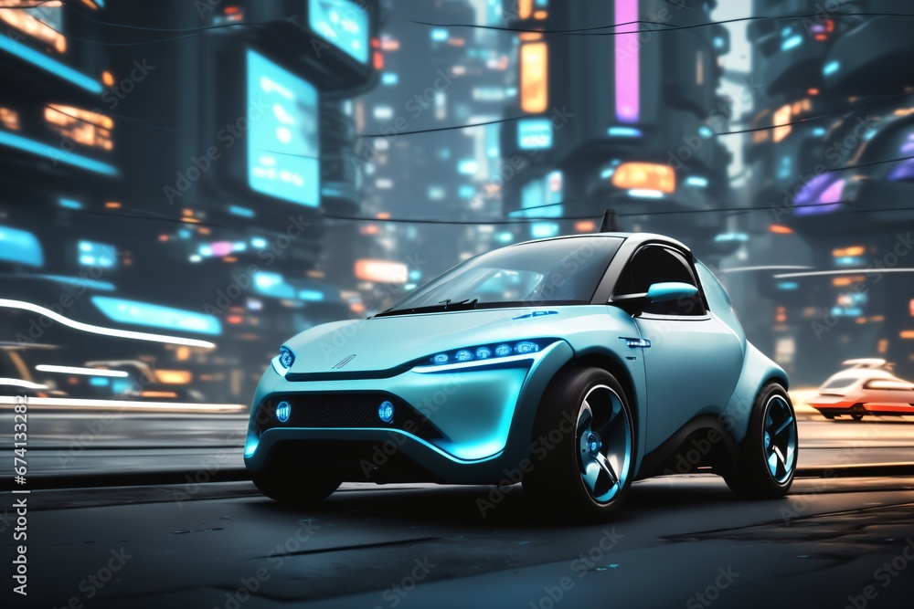 a brand-less generic concept car in the city  at night