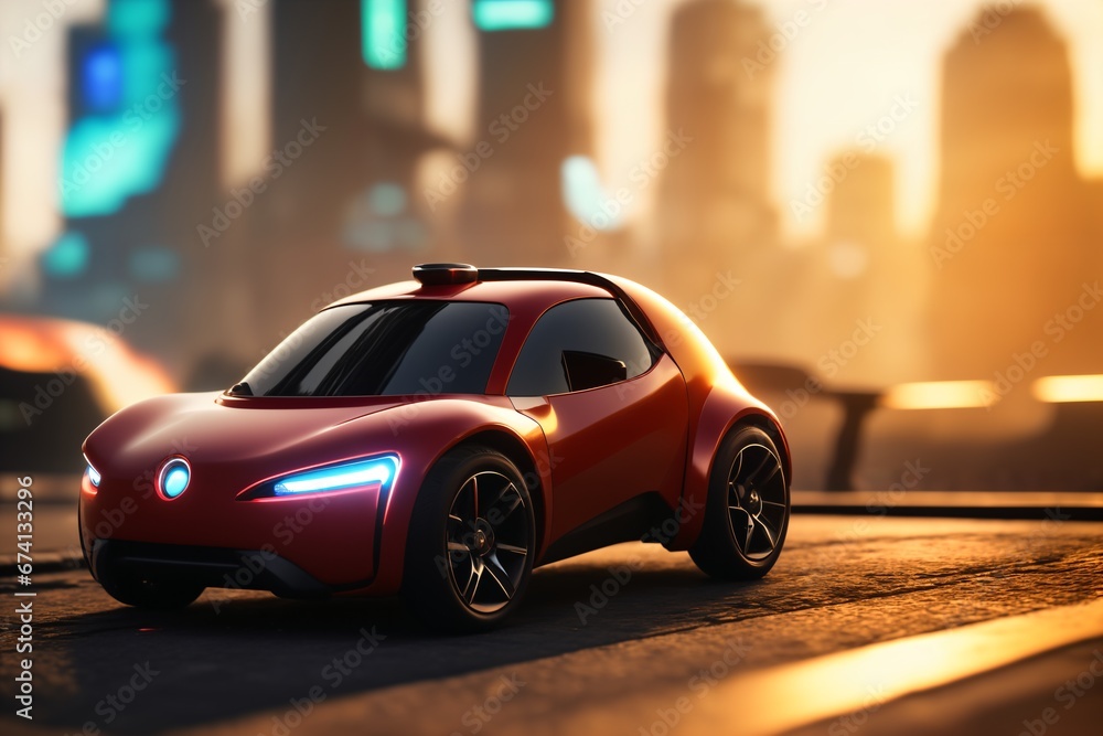 a brand-less generic concept car in the city. Modern red car on the road at sunset