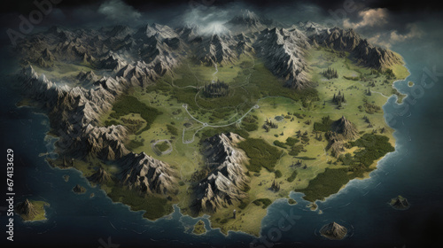 Fototapeta Naklejka Na Ścianę i Meble -  fantasy world map cartography continent landscape rpg - by generative ai