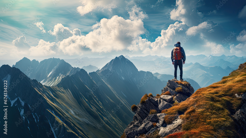 hiker on top of mountain sport outdoor panorama landscape - by generative ai - obrazy, fototapety, plakaty 
