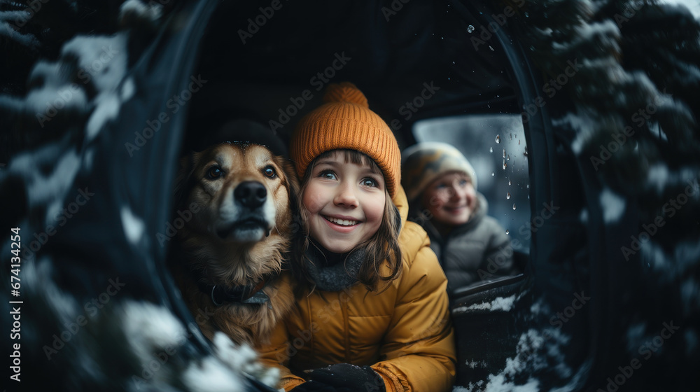 Cute little girl with her friends and dog in tent on a winter day. Cute little girl with her friends and dog in tent on a winter day.
