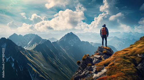 hiker on top of mountain sport outdoor panorama landscape - by generative ai