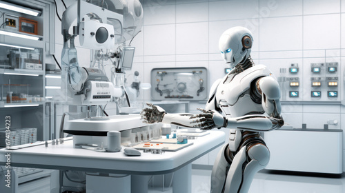 robot assistant helps a person in a laboratory  future concept