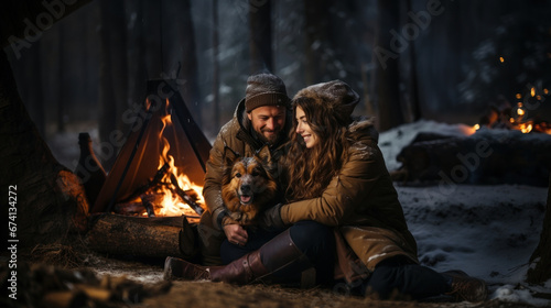 Young couple in love with dog sitting near campfire in winter forest at night.
