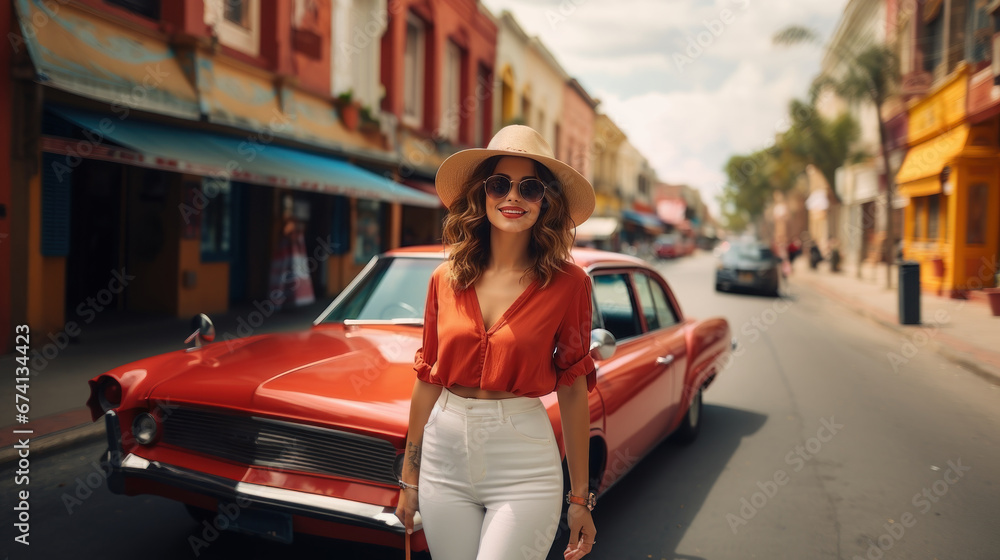 Beautiful woman in a hat and sunglasses with red vintage car on the street of Cuba. Beautiful woman in a hat and sunglasses with red vintage car on the street of Cuba.