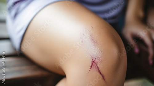 Young woman with scar on her knee after accident. Close up.
