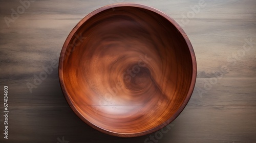 A beautifully crafted wooden bowl on wooden table, Top view of handcrafted empty Wooden Bowl on a plain surface 