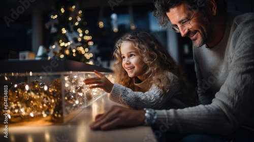 Happy father and daughter looking at christmas lights in glass at home.