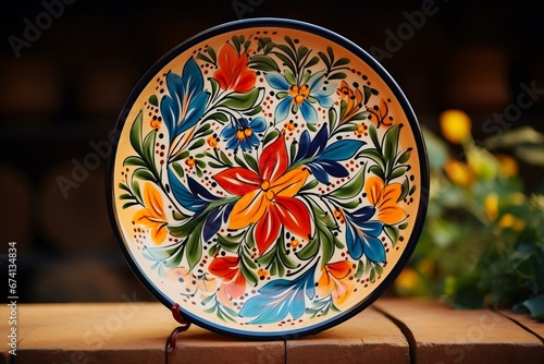 Hand-painted ceramic plate with detailed motifs and vibrant colors - artisanal pottery, decorative elegance ceramic plate, colorful artwork of dining plate