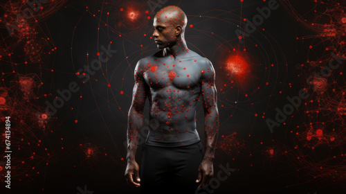 Black man with glowing red human body on black background. Pain dots  muscle spasm or nerve entrapment.