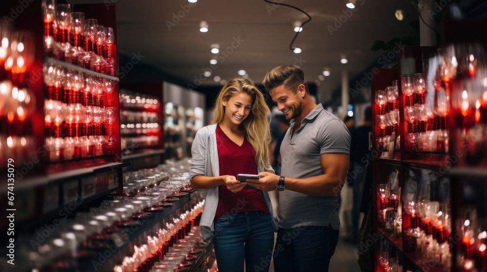 Couple choosing household items goods in store, looking in tablet, online shopping. Couple choosing household items goods in store, looking in tablet, online shopping.