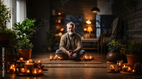 Older man sitting in yoga meditation position with candles. Warm and calm.