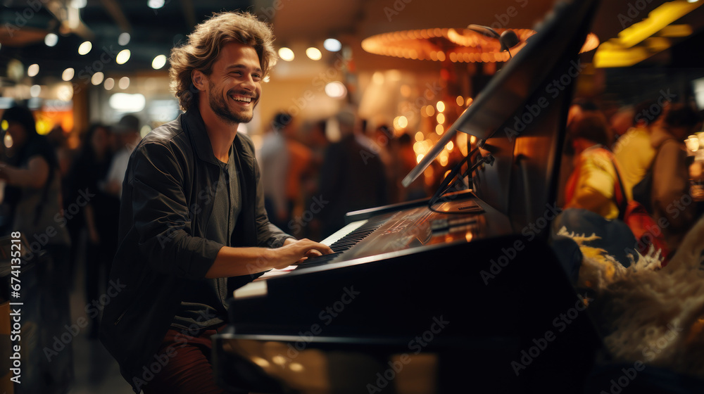 Young man choosing a piano or synthesizer in a musical instrument store. - obrazy, fototapety, plakaty 