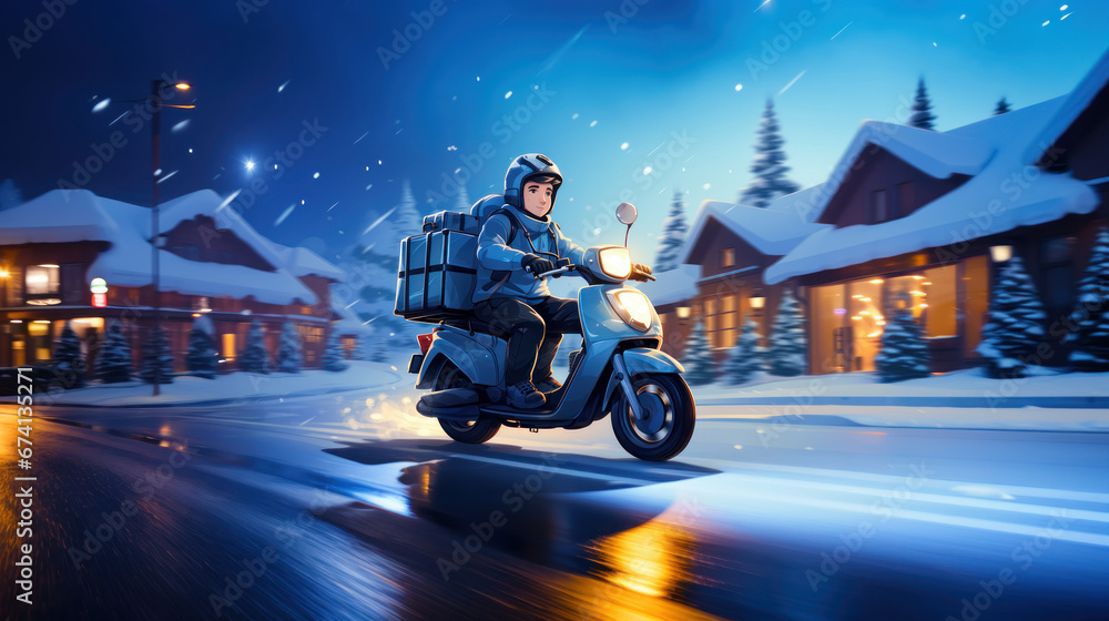 Cartoon illustration of delivery man riding scooter in winter city. Delivery service concept.