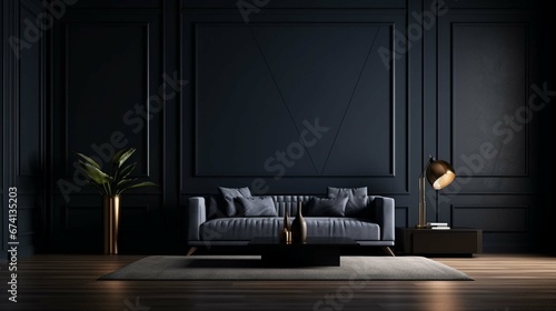 Interior design of a living room in modern style in dark tone with light on wall photography ::10 , 8k © sania