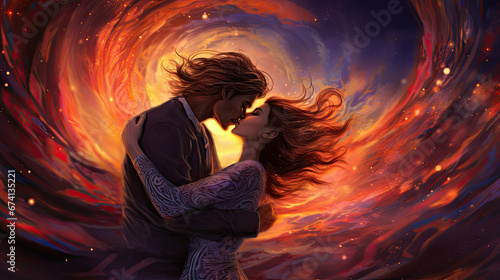 silhouette of a couple spiritual love romance tantra sensual soulmate kiss twin flame - by generative ai