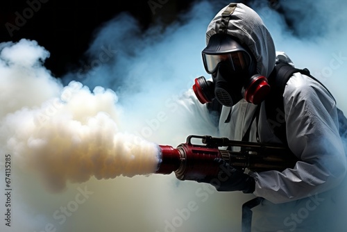 Professional pest control technician in protective suit spraying poisonous gas to eliminate pests photo