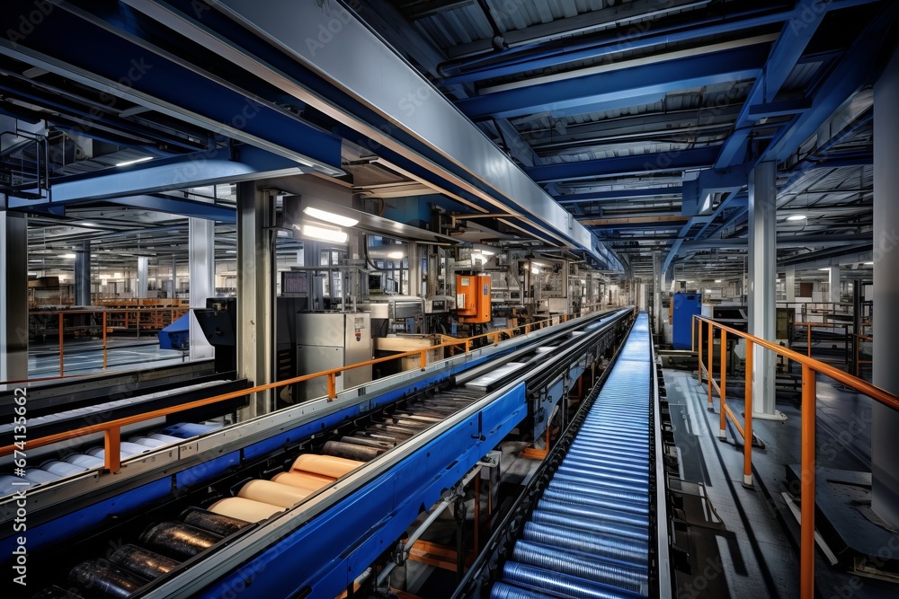 Naklejka premium Automated warehouse fulfillment center with packages on conveyor belt modern e commerce concept