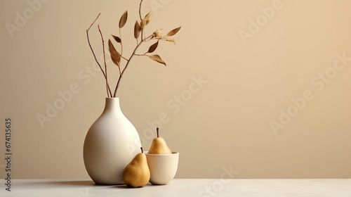 Minimalistic design in natural earth colors. Composition of different items. Two white ceramic vases with a branch, two brown bowls and two pears. Still life, modern art abstract design concept, copy 