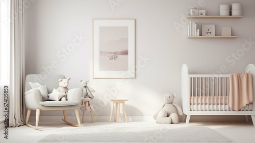 Modern minimalist nursery room, Baby room interior, Light colours, Scandinavian style photograph. generative ai 