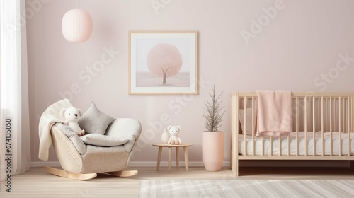 Modern minimalist nursery room  Baby room interior  Light colours  Scandinavian style photograph. generative ai 