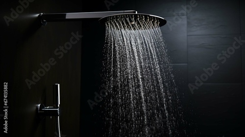 
Photograph of water flowing from a shower head in a bathroom with a dark black background. Scandinavian and modern interior design photography. generative ai  photo