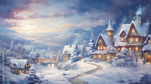 winter season scene during Christmas and new year time in rural countryside valley village with gradient twilight sky, painting style illustration, Generative Ai © Seek and Find