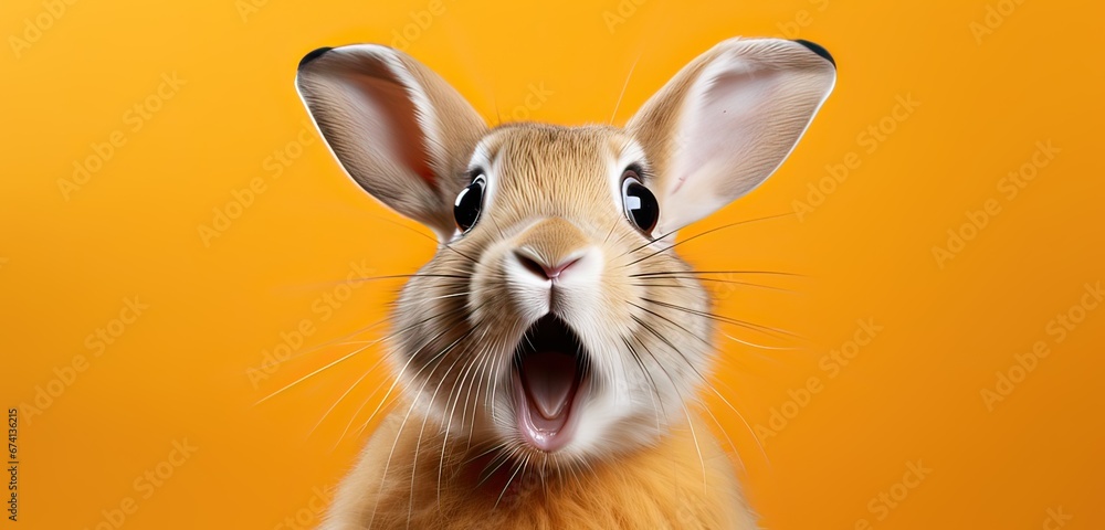 a portrait of a brown Rabbit with a surprised expression, looking into the camera isolated a yellow background. - obrazy, fototapety, plakaty 