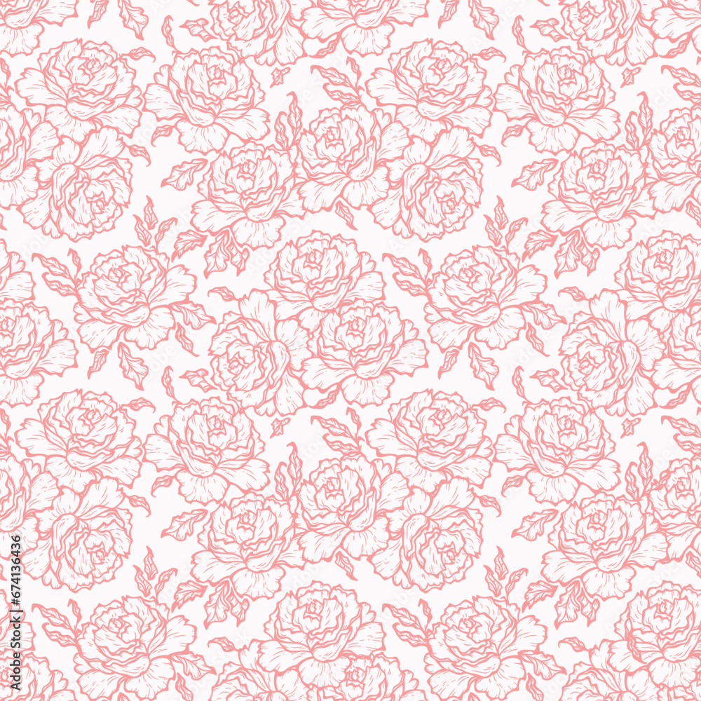 Vector Rose Flower Seamless Pattern. Flowers and Leaves. Beautiful Bouquet of Summer garden flowers. Floral Pink Background. Plants Wallpaper Vector Rose Flower Seamless Pattern. Flowers and Leaves. Beautiful Bouquet of Summer garden flowers. Floral Pink Background. Plants Wallpaper