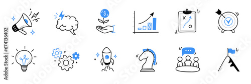 Business idea, startup doodle line icon set. Hand drawn doodle sketch line style business strategy, finance goal, startup idea concept. Rocket, target, brain cute element. Vector illustration