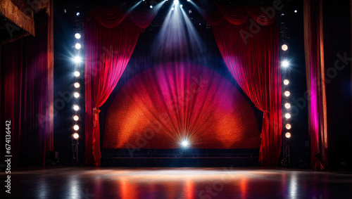 Empty theater stage with spotlights, decoration
