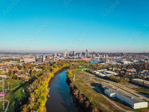 Bird's eye view of downtown Cincinnati, Ohio cityscape from Covington, Kentucky. © Recer Films