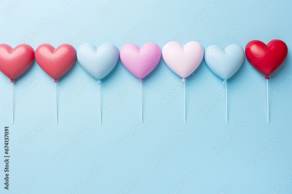 Heart shaped balloons on blue pastel background   love concept for valentine, wedding, birthday